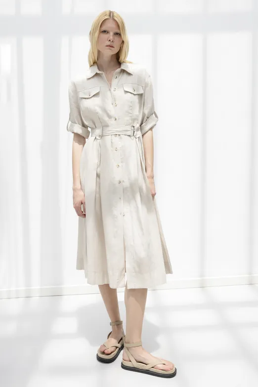 Bayan Taş % 100 Keten Midi Gömlek Elbise - BSL