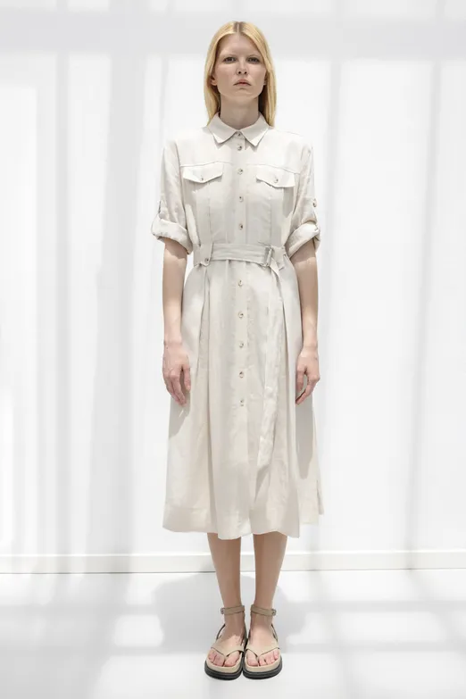 Bayan Taş % 100 Keten Midi Gömlek Elbise - BSL