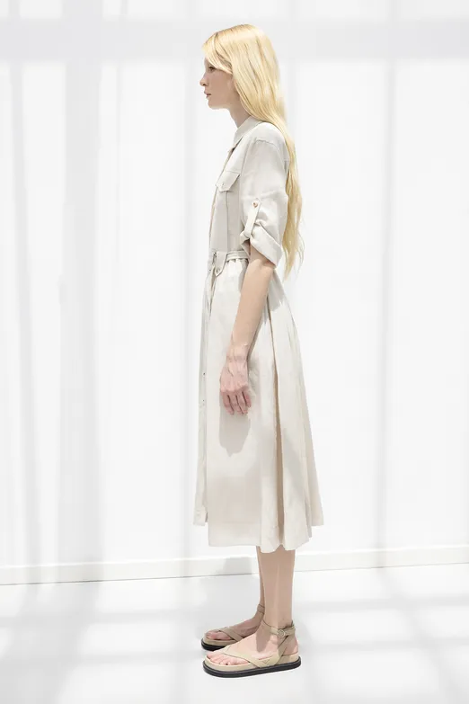 Bayan Taş % 100 Keten Midi Gömlek Elbise - BSL