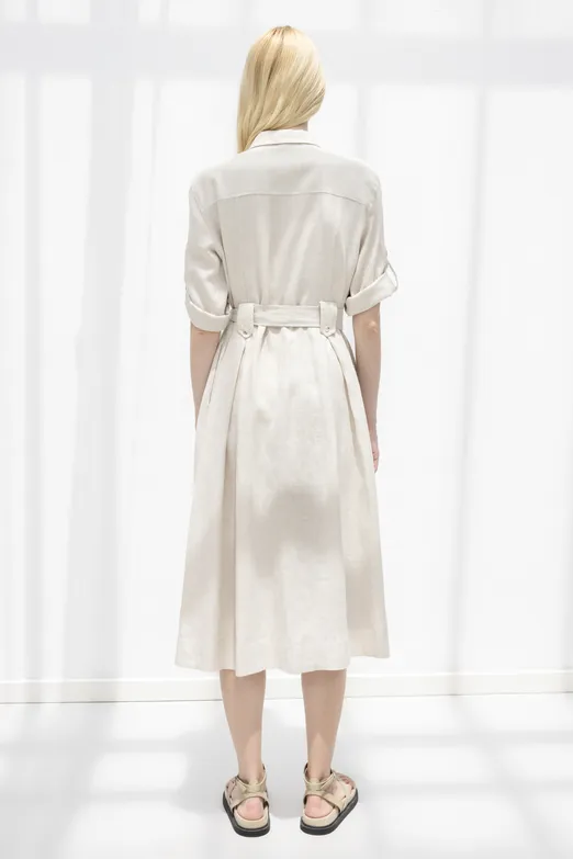 Bayan Taş % 100 Keten Midi Gömlek Elbise - BSL