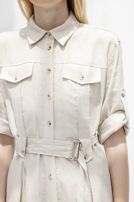 Bayan Taş % 100 Keten Midi Gömlek Elbise - BSL