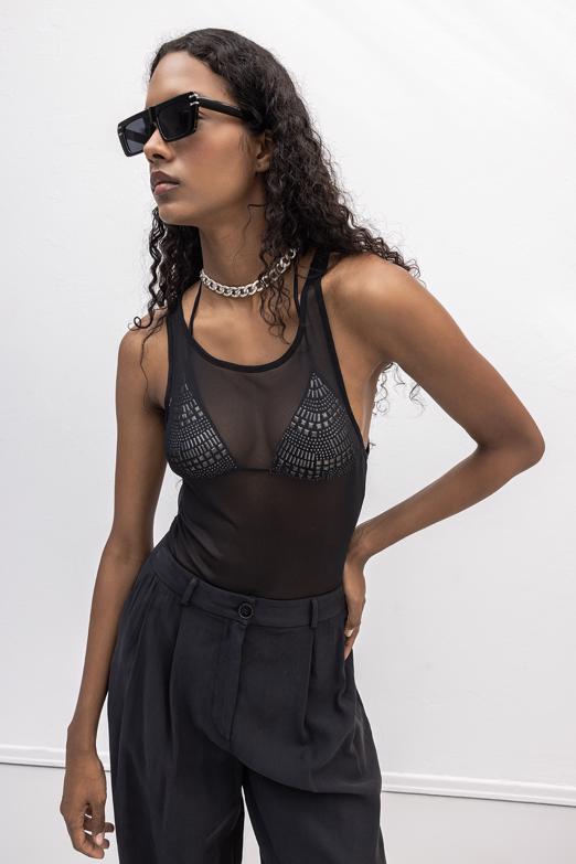 Bayan  Halter Yaka Tül Bodysuit