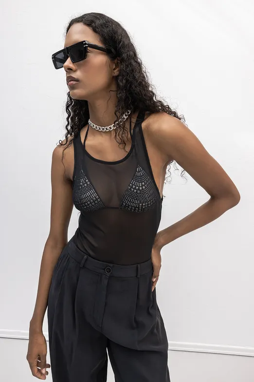 Bayan Siyah Halter Yaka Tül Bodysuit - BSL