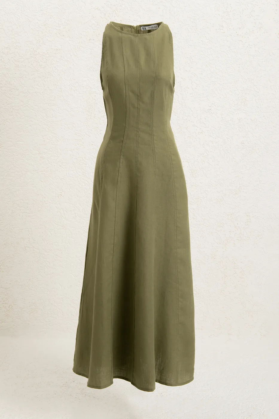 Bayan Haki %100 Keten Midi Kolsuz Elbise