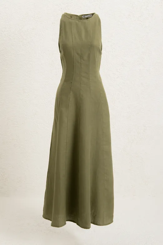 Bayan Haki %100 Keten Midi Kolsuz Elbise - BSL