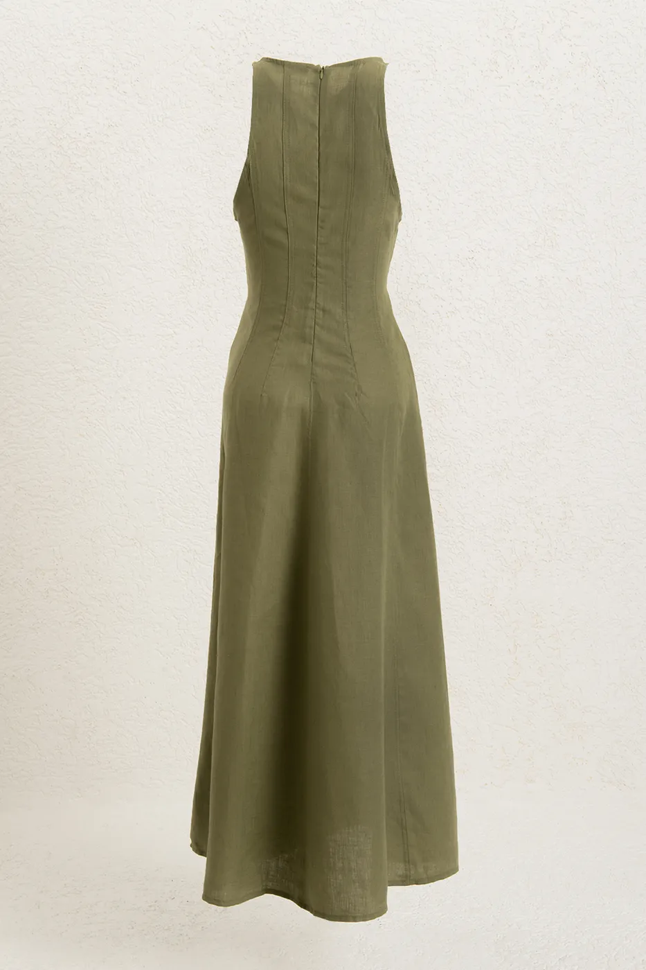 Bayan Haki %100 Keten Midi Kolsuz Elbise