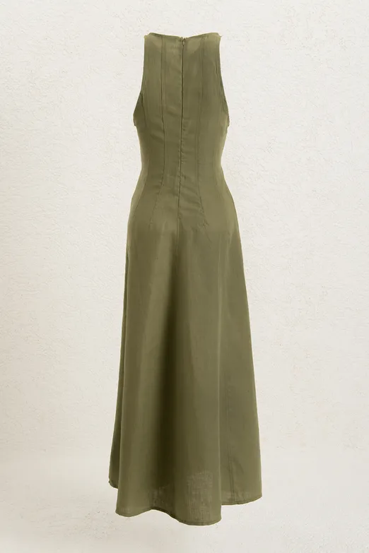 Bayan Haki %100 Keten Midi Kolsuz Elbise - BSL