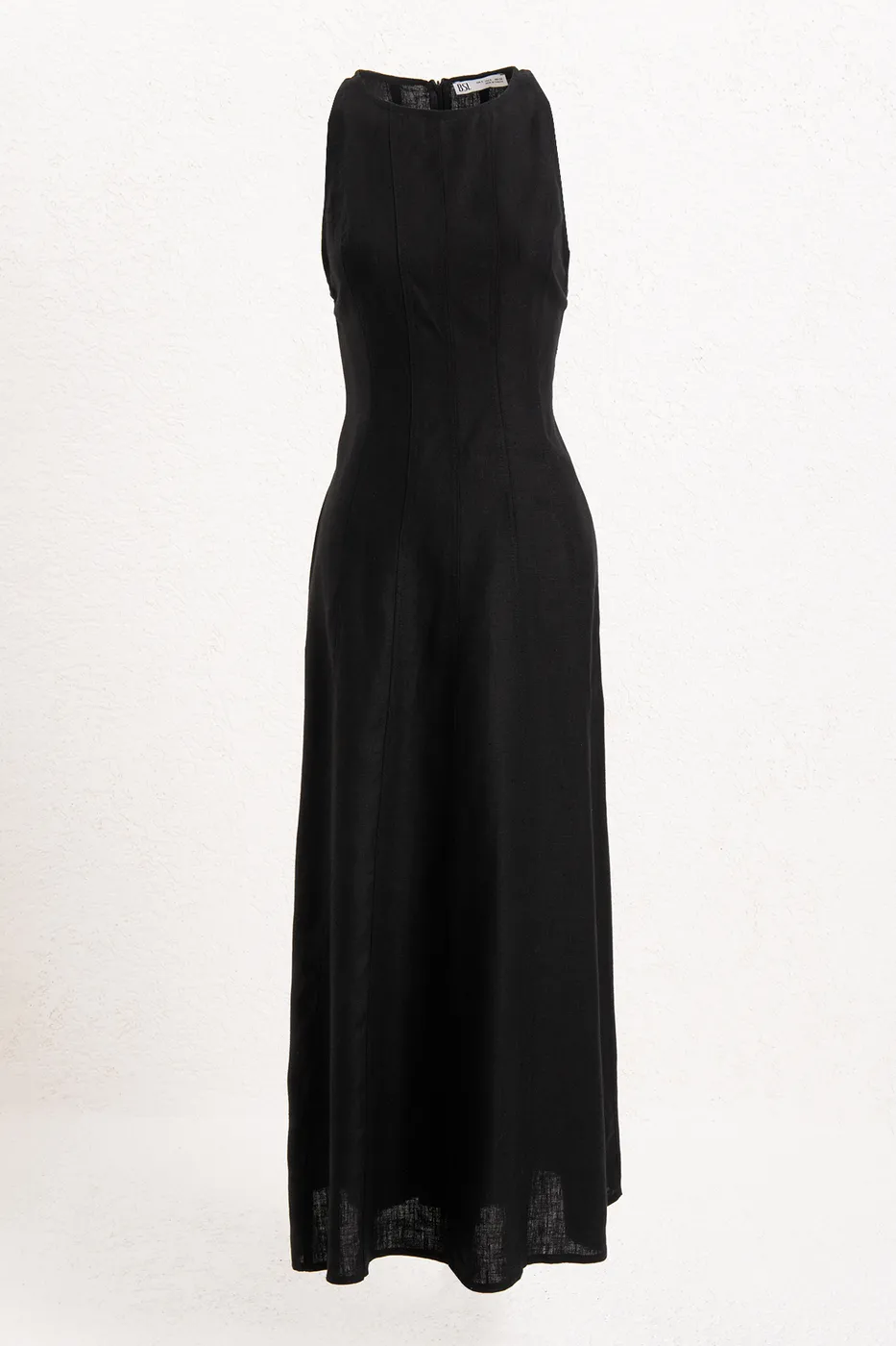 Bayan Siyah %100 Keten Midi Kolsuz Elbise