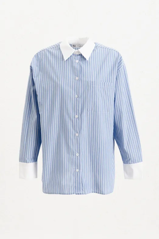 Bayan Mavi Oversize Çizgili Gömlek - BSL