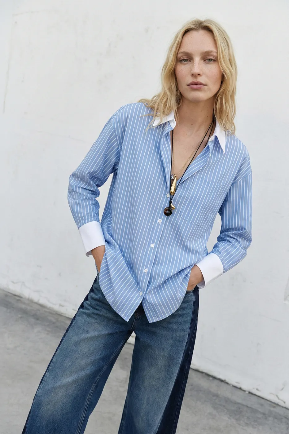Bayan Mavi Oversize Çizgili Gömlek