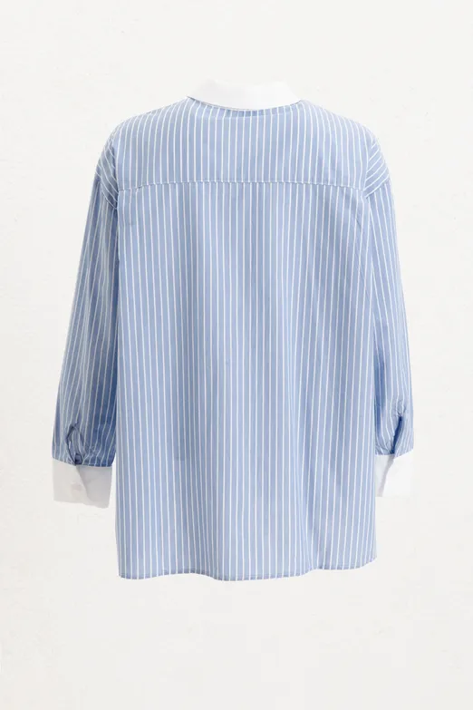 Bayan Mavi Oversize Çizgili Gömlek - BSL