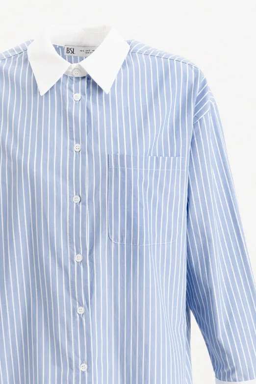 Bayan Mavi Oversize Çizgili Gömlek - BSL