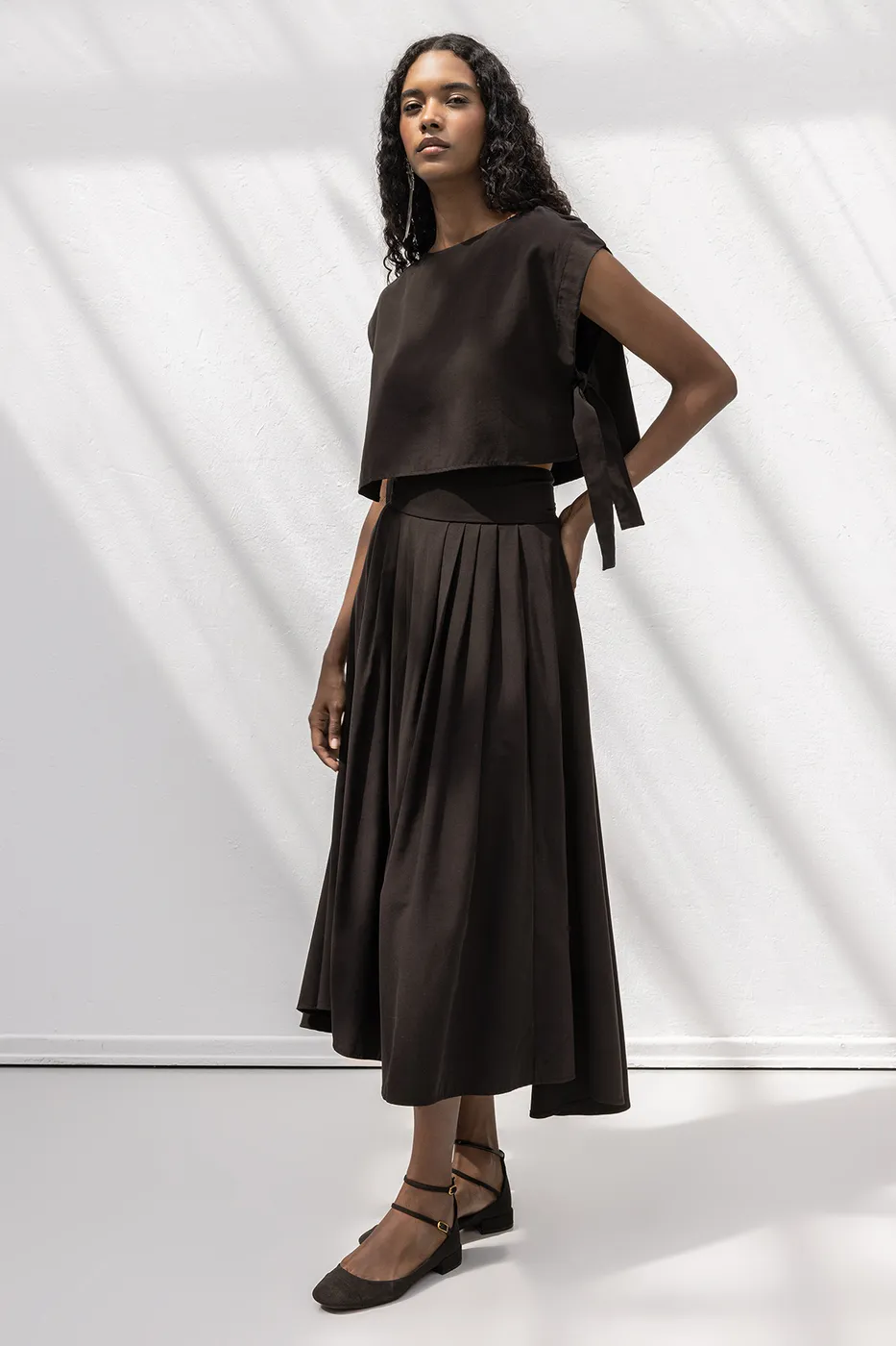 Bayan Kahverengi %100 Tencel Pile  Detaylı  Midi Etek