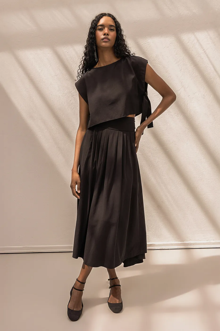 Bayan Kahverengi %100 Tencel Pile  Detaylı  Midi Etek