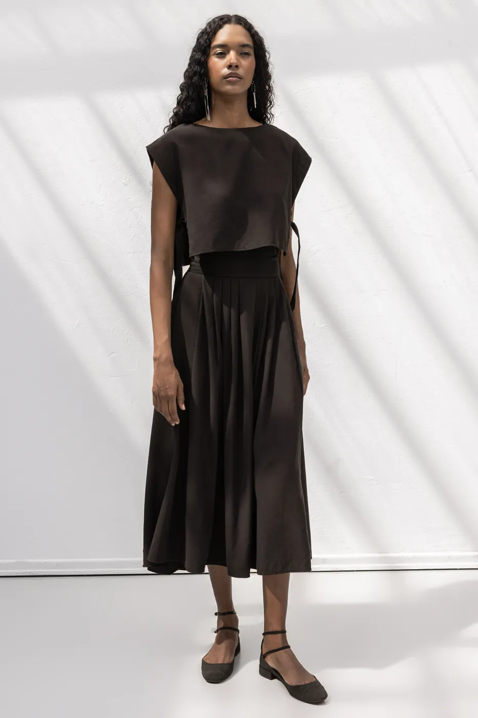 Bayan Kahverengi %100 Tencel Pile  Detaylı  Midi Etek