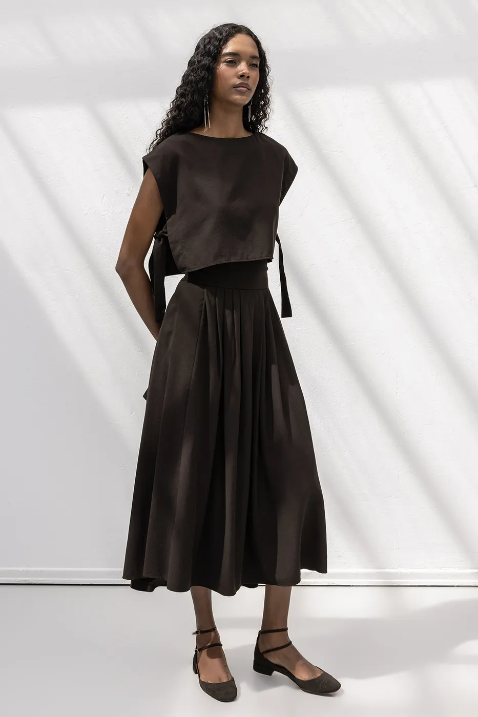 Bayan Kahverengi %100 Tencel Pile  Detaylı  Midi Etek