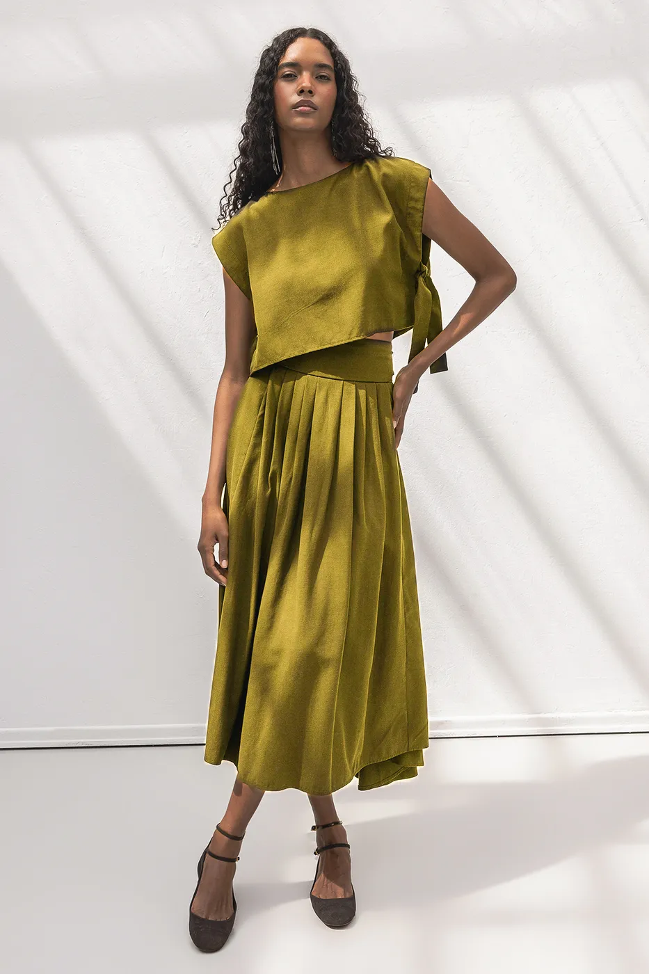 Bayan Yeşil %100 Tencel Pile  Detaylı  Midi Etek