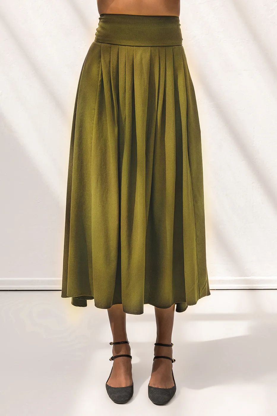 Bayan Yeşil %100 Tencel Pile  Detaylı  Midi Etek