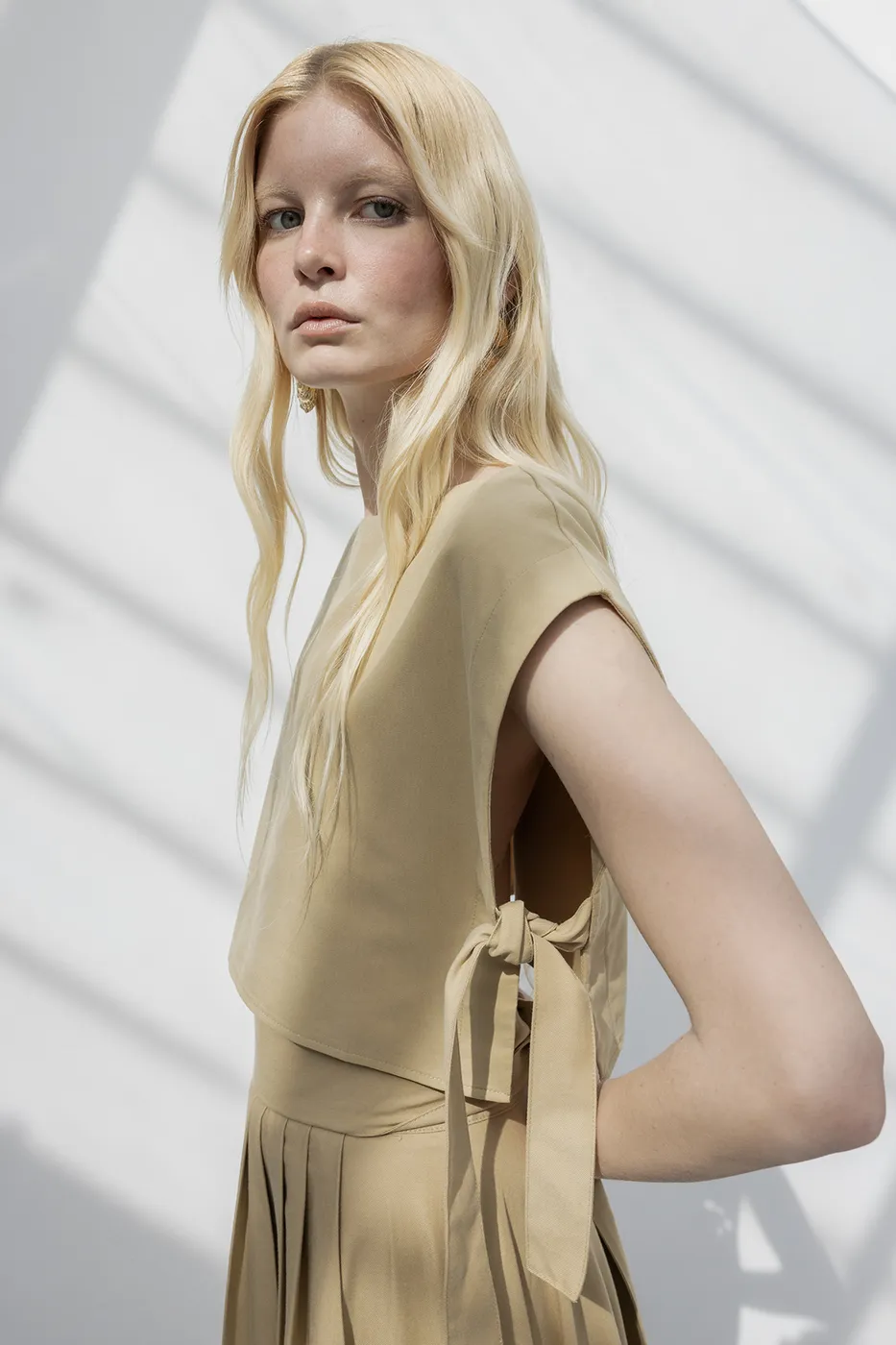 Bayan Camel %100 Tencel Yan Bağlama Detaylı  Bluz