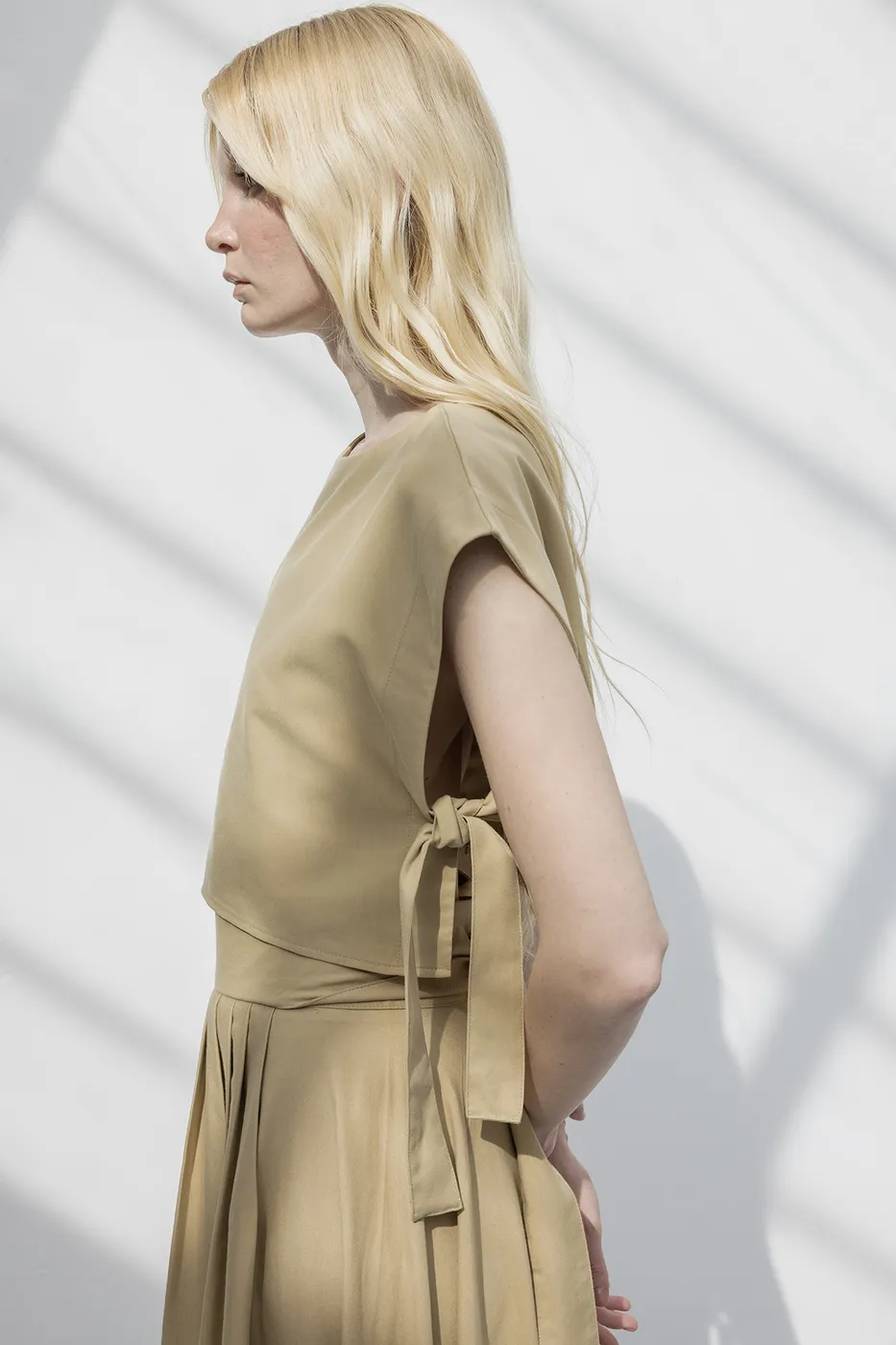 Bayan Camel %100 Tencel Yan Bağlama Detaylı  Bluz