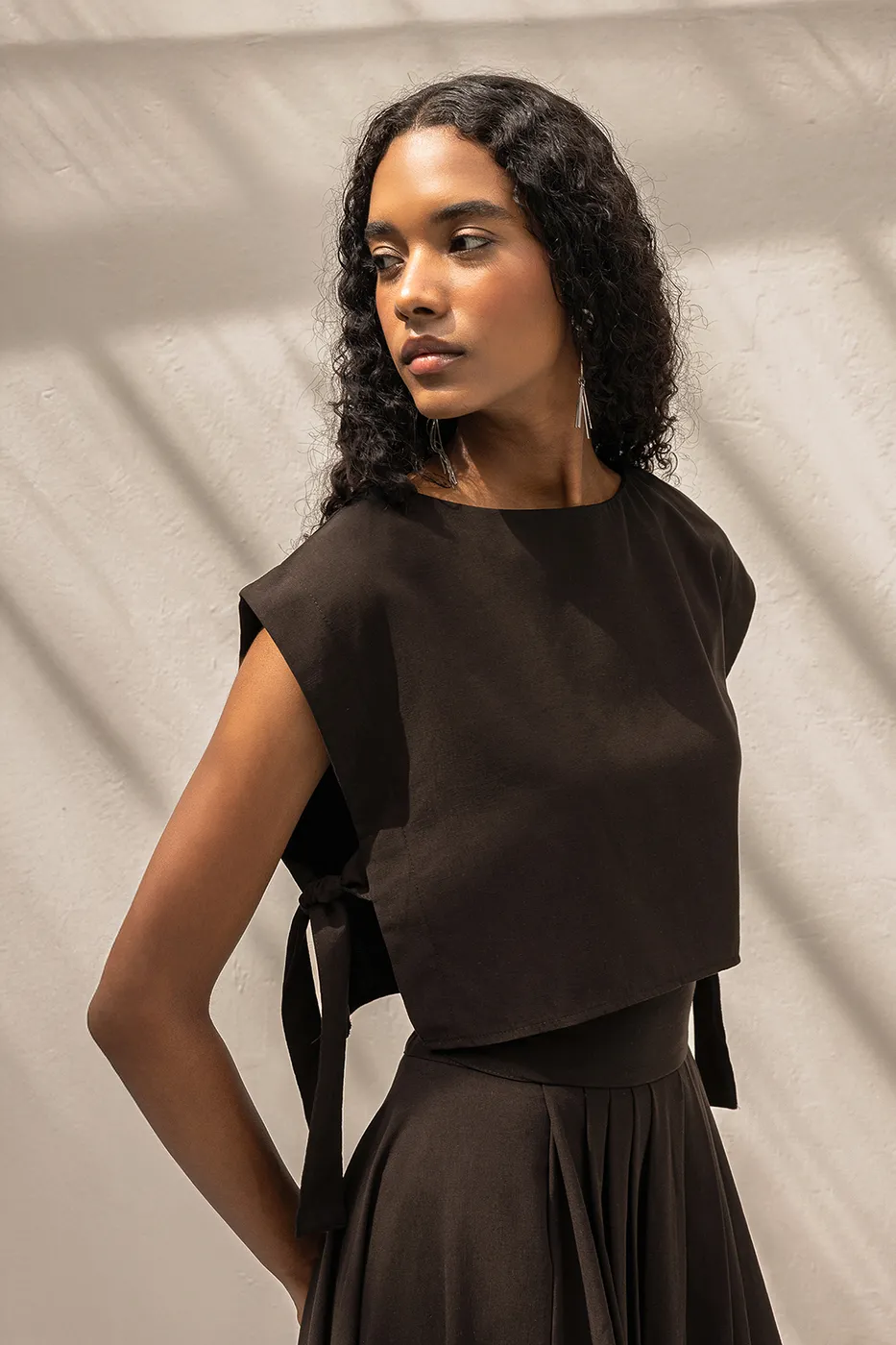 Bayan Kahverengi %100 Tencel Yan Bağlama Detaylı  Bluz