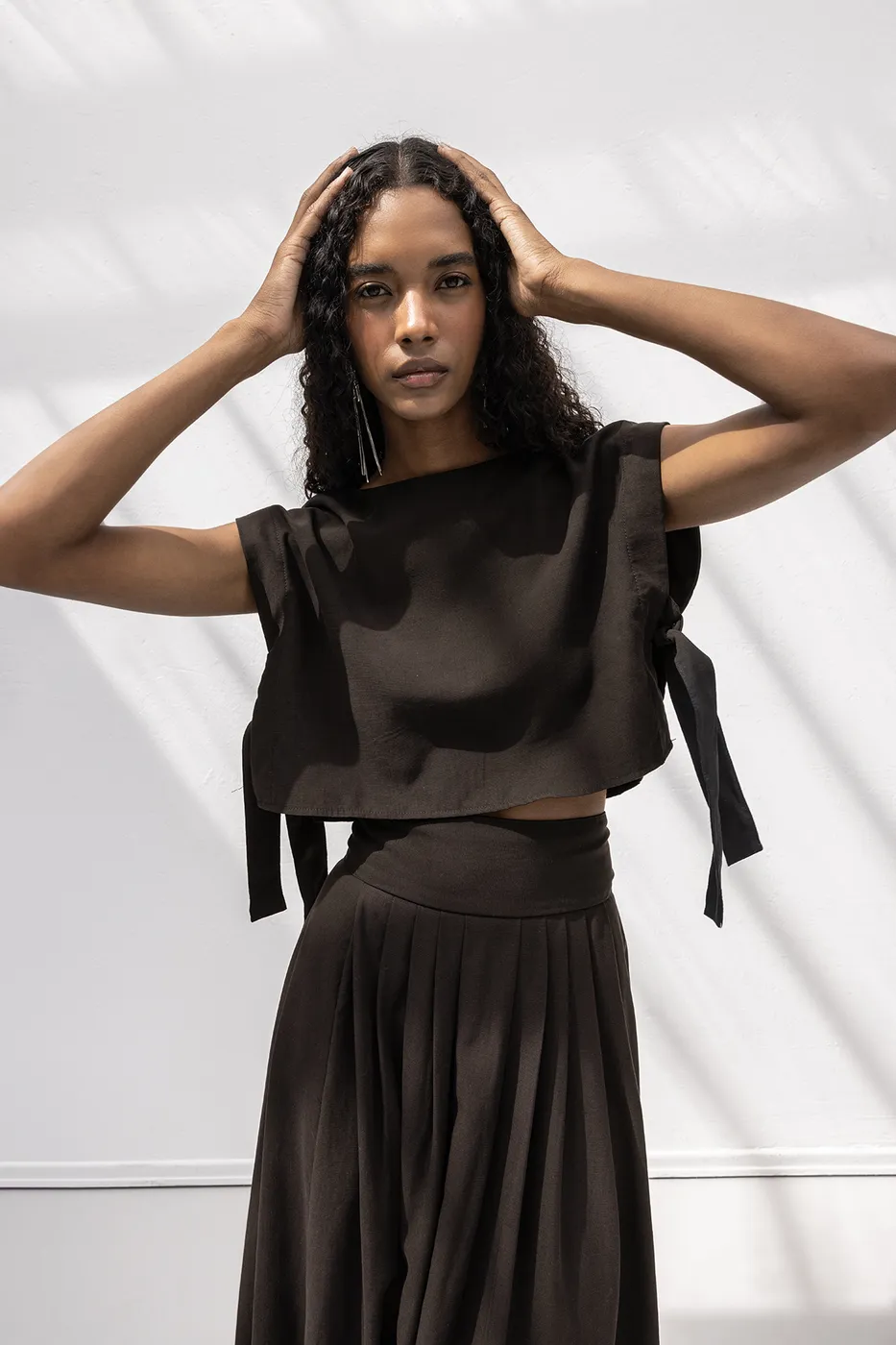 Bayan Kahverengi %100 Tencel Yan Bağlama Detaylı  Bluz