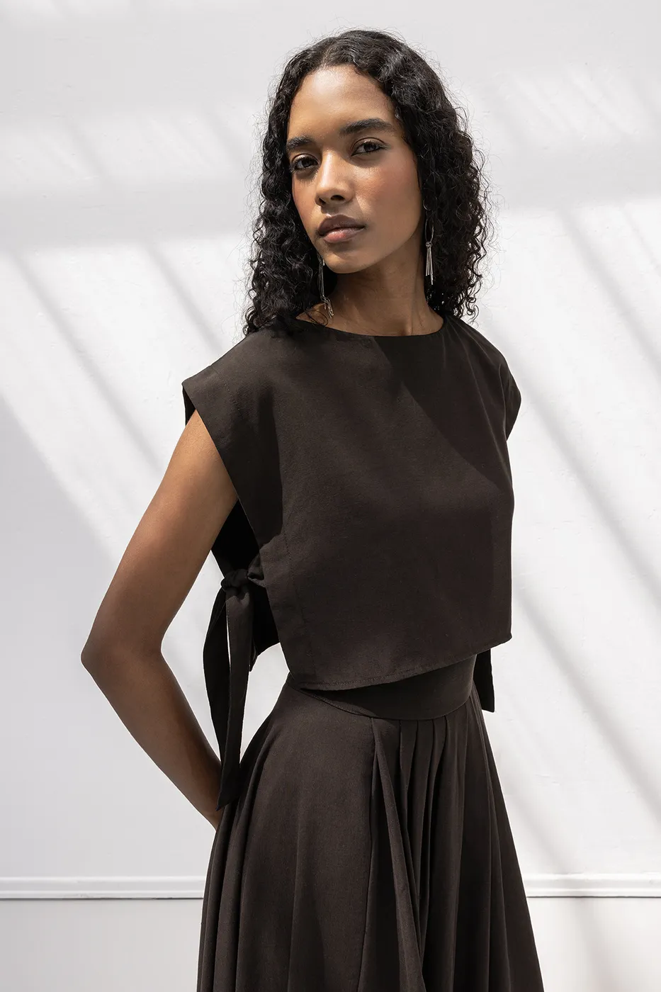 Bayan Kahverengi %100 Tencel Yan Bağlama Detaylı  Bluz