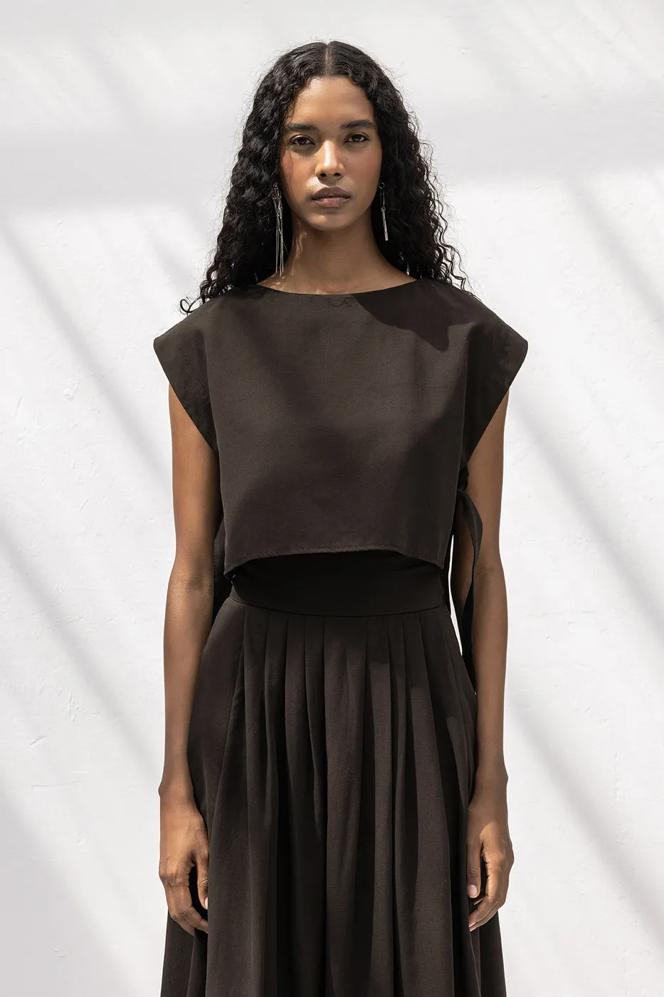 Bayan Kahverengi %100 Tencel Yan Bağlama Detaylı  Bluz