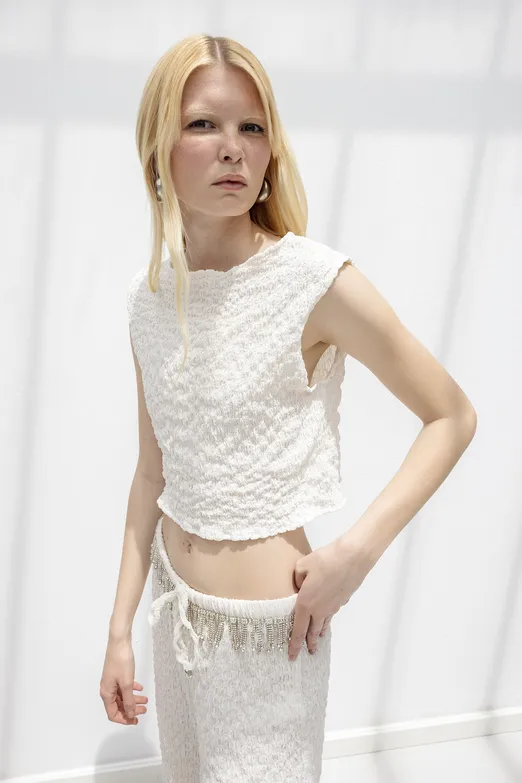 Bayan Taş Dokulu Kolsuz Bluz - BSL