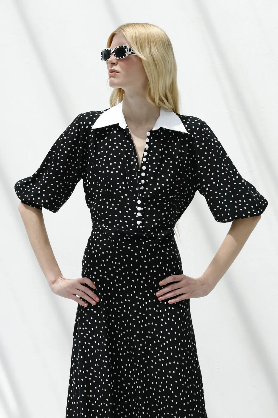 Bayan Siyah Puantiyeli Midi Elbise