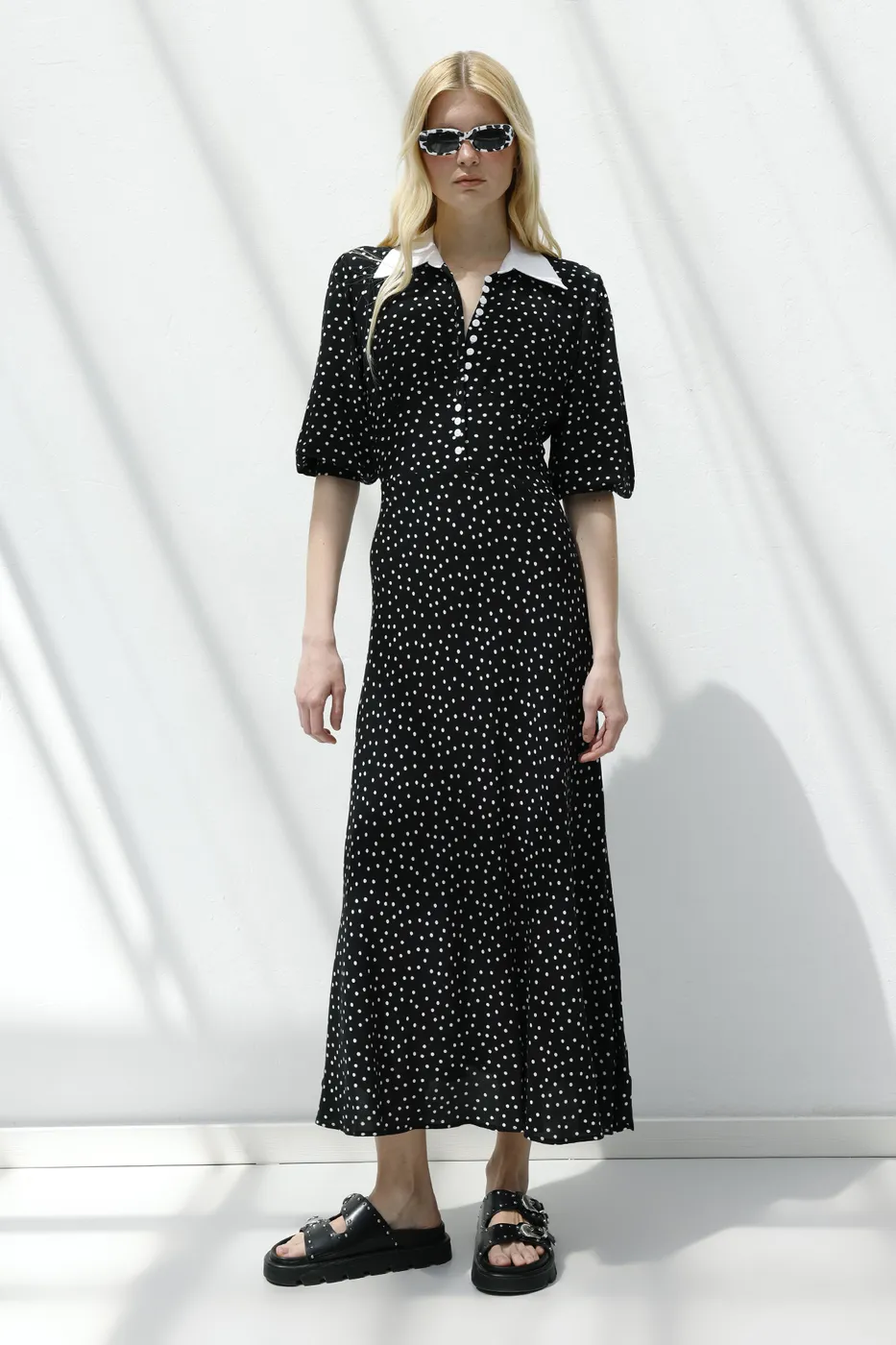 Bayan Siyah Puantiyeli Midi Elbise