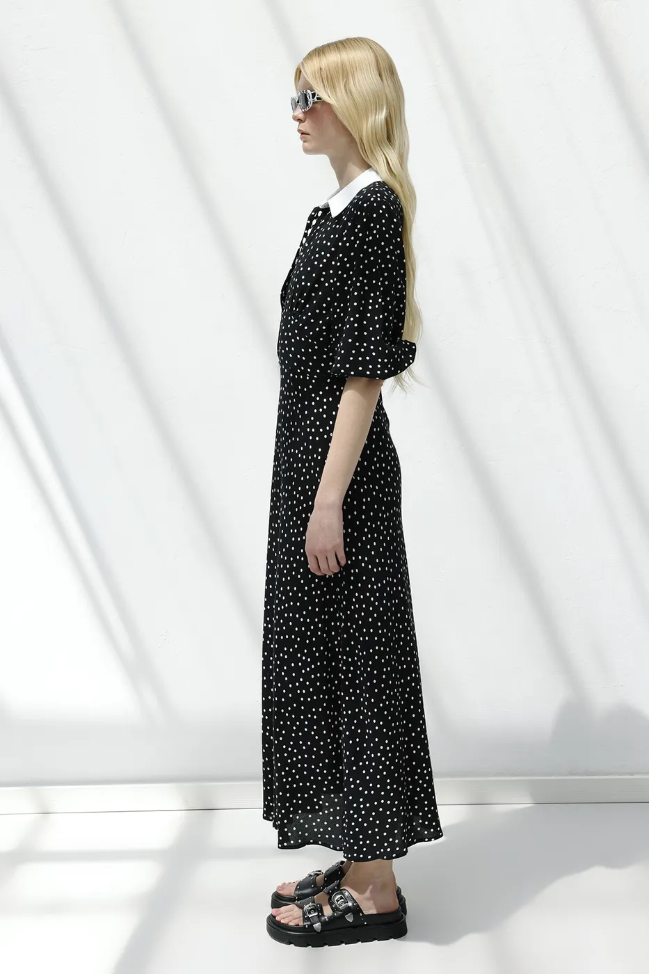 Bayan Siyah Puantiyeli Midi Elbise