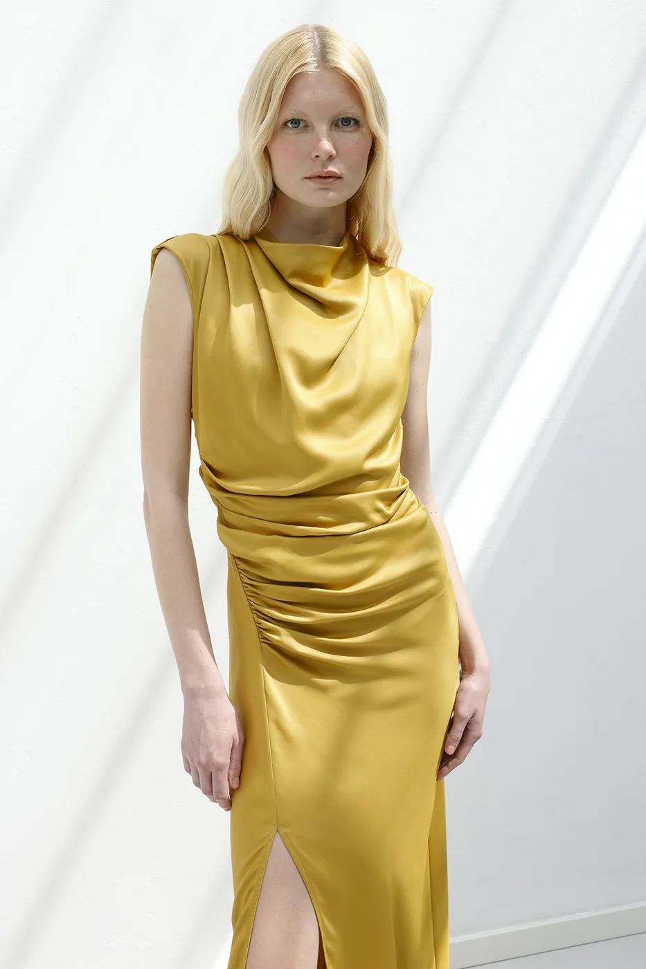 Bayan Hardal Degaje Yakalı Saten Midi Elbise