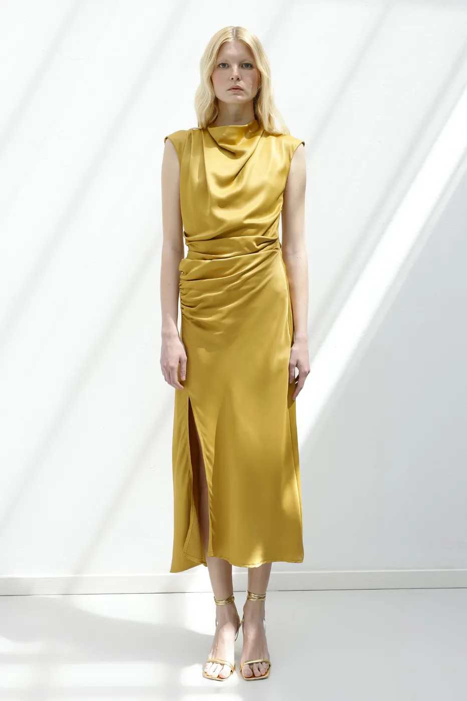 Bayan Hardal Degaje Yakalı Saten Midi Elbise