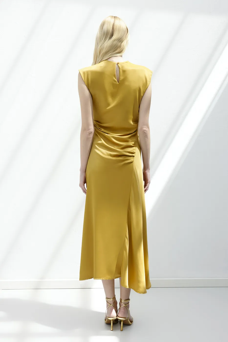 Bayan Hardal Degaje Yakalı Saten Midi Elbise