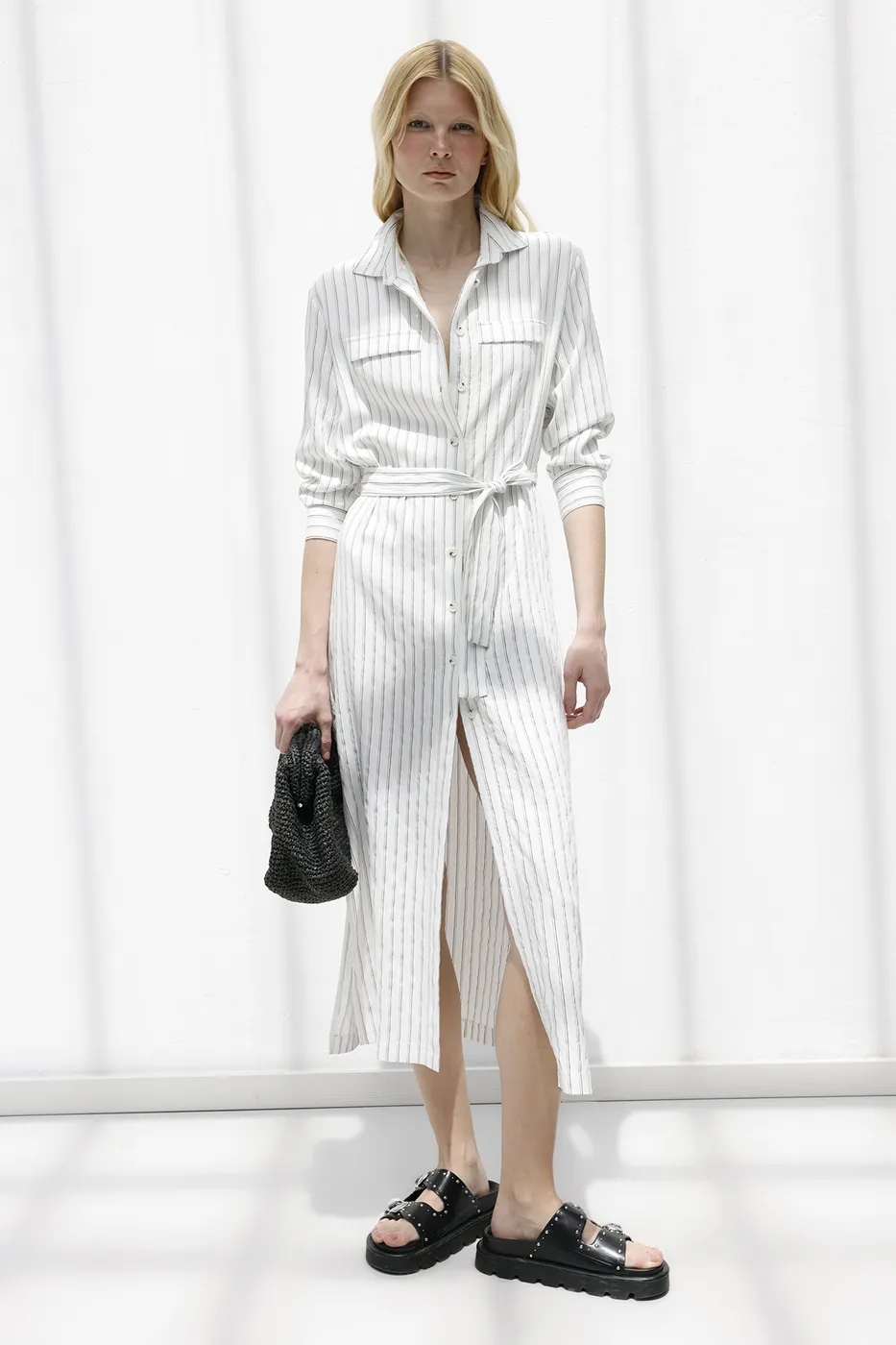 Bayan Ekru Çizgili Midi Boy Gömlek Elbise