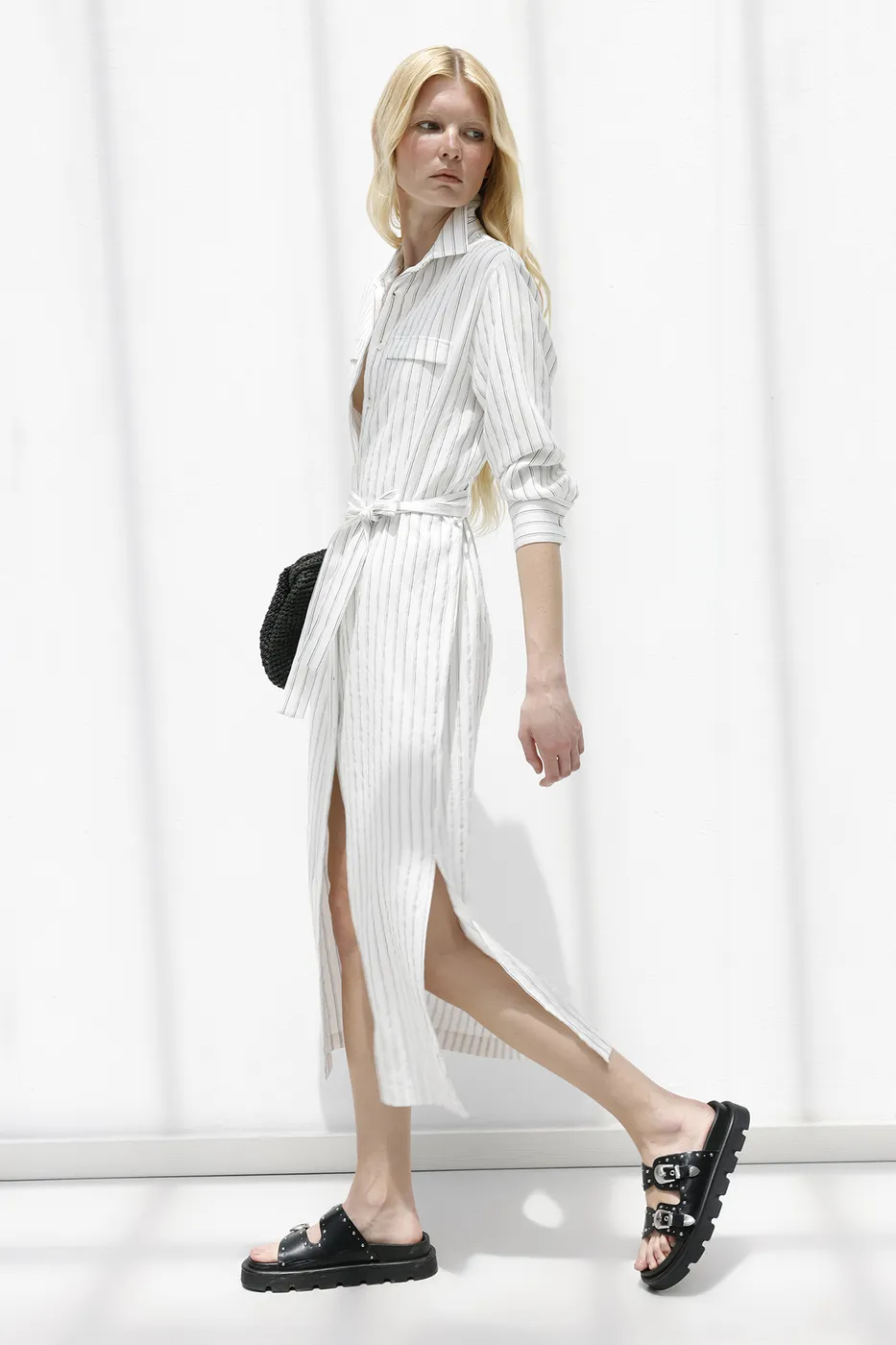 Bayan Ekru Çizgili Midi Boy Gömlek Elbise