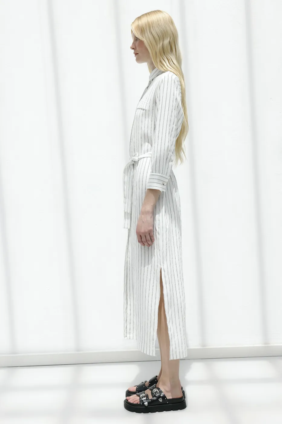 Bayan Ekru Çizgili Midi Boy Gömlek Elbise