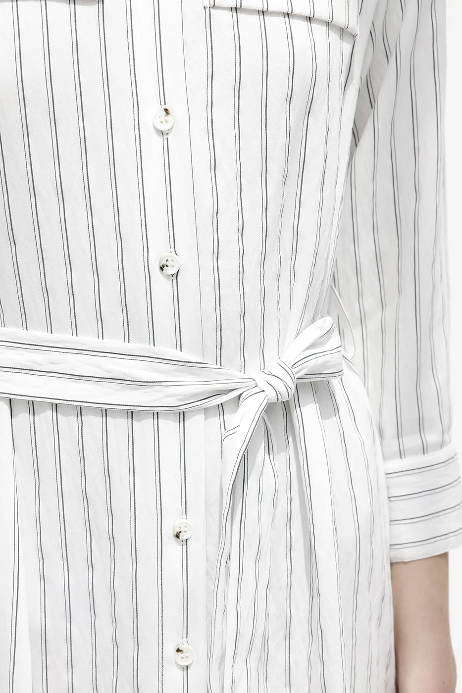 Bayan Ekru Çizgili Midi Boy Gömlek Elbise