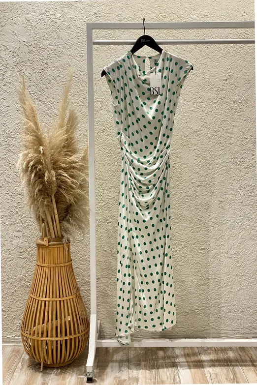 Bayan Beyaz Degaje Yakalı Puantiyeli Midi Elbise - BSL