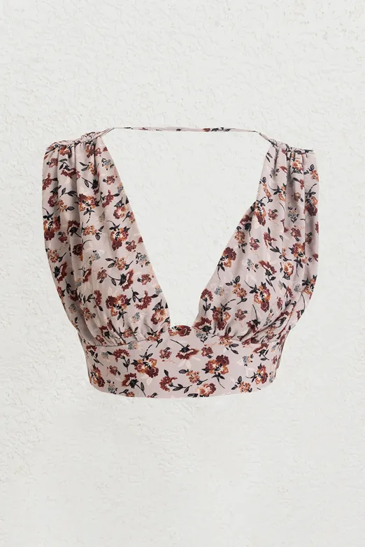 Bayan Pudra Keten Karışımlı  Derin Yaka Detaylı Bustiyer - BSL