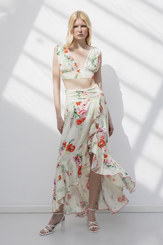 Bayan  Keten Karışımlı Fırfırlı Asimetrik Midi Etek