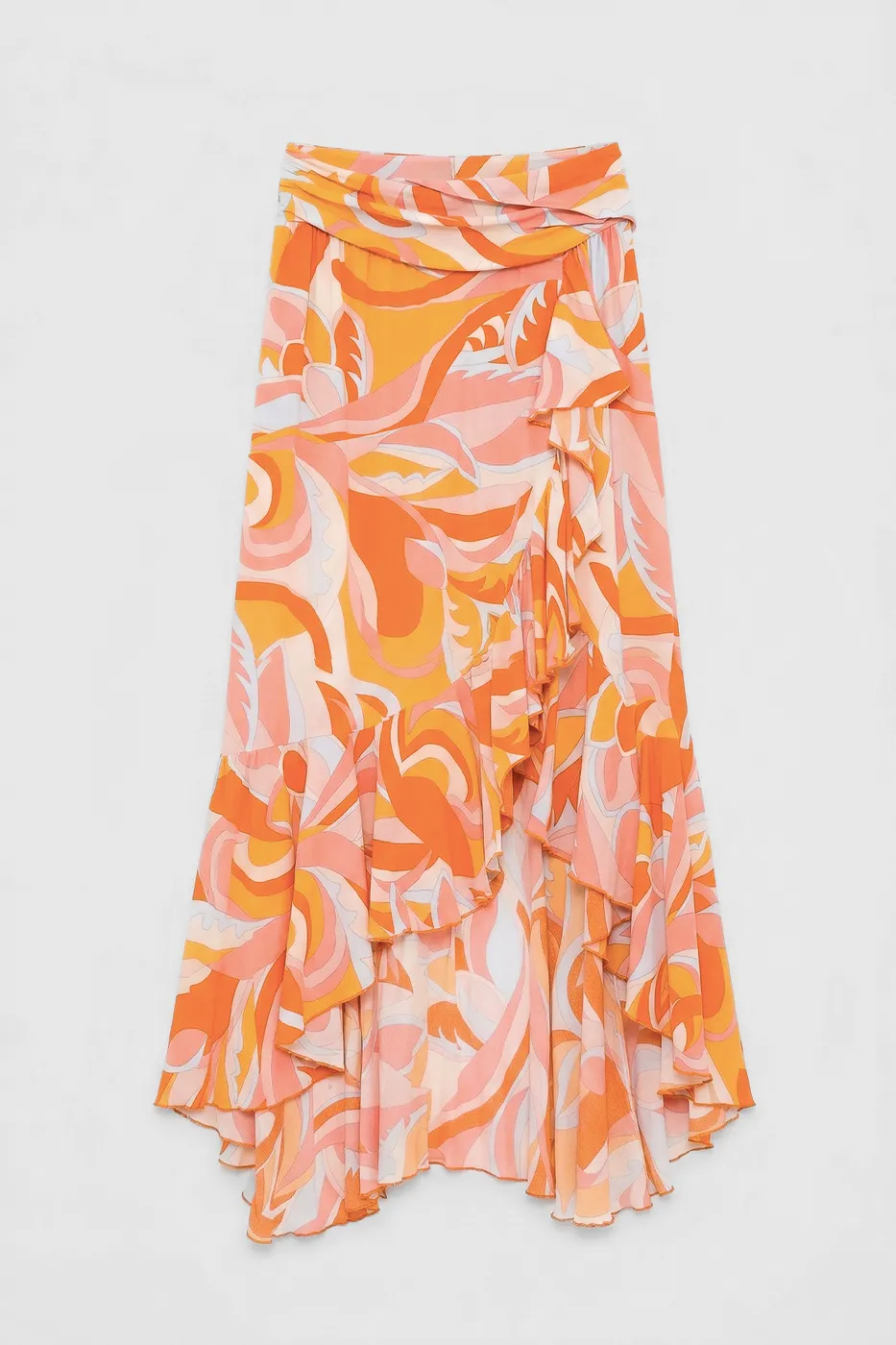 Bayan Oranj Keten Karışımlı Fırfırlı Asimetrik Midi Etek