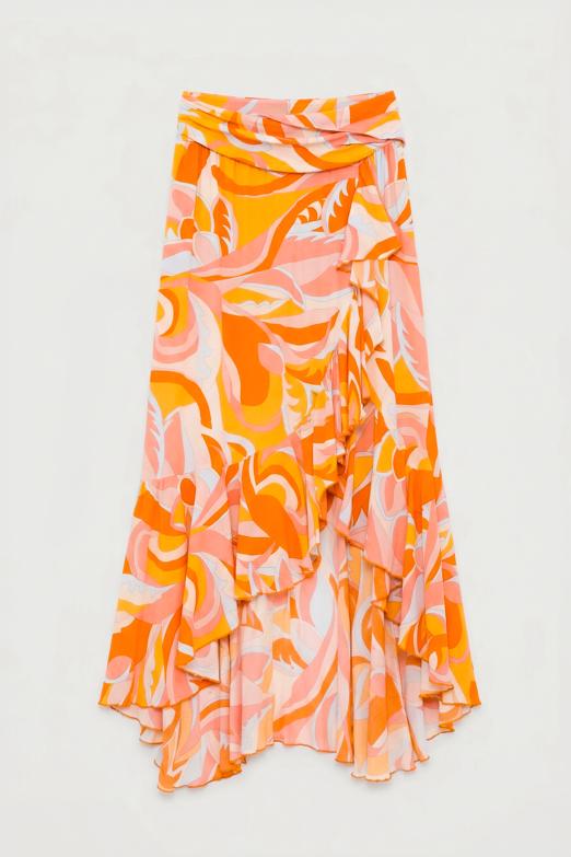 Keten Karışımlı Fırfırlı Asimetrik Midi Etek