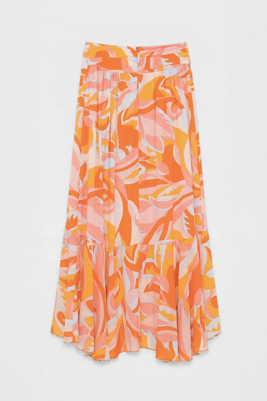 Bayan Oranj Keten Karışımlı Fırfırlı Asimetrik Midi Etek