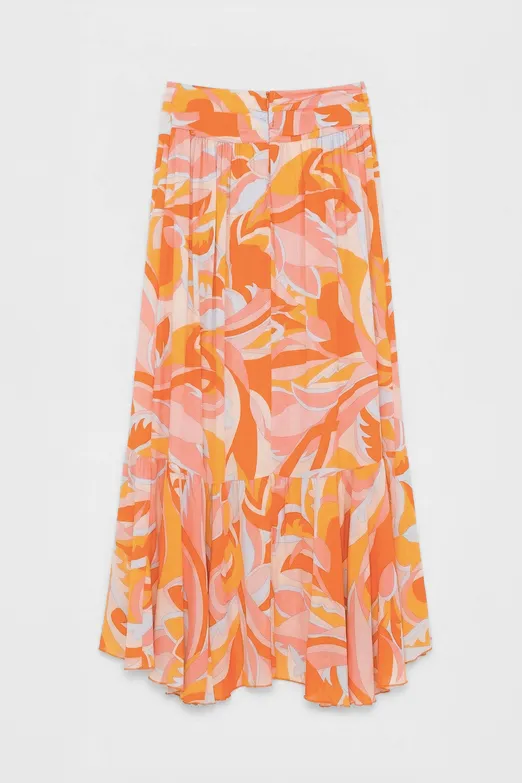 Bayan Oranj Keten Karışımlı Fırfırlı Asimetrik Midi Etek - BSL