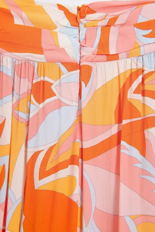 Bayan Oranj Keten Karışımlı Fırfırlı Asimetrik Midi Etek - BSL