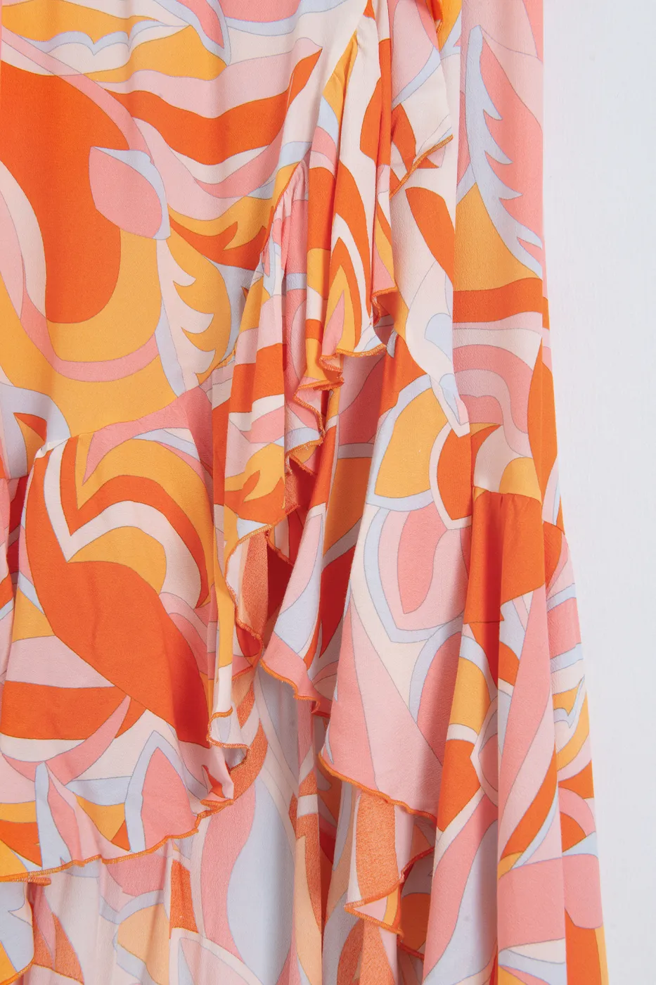 Bayan Oranj Keten Karışımlı Fırfırlı Asimetrik Midi Etek