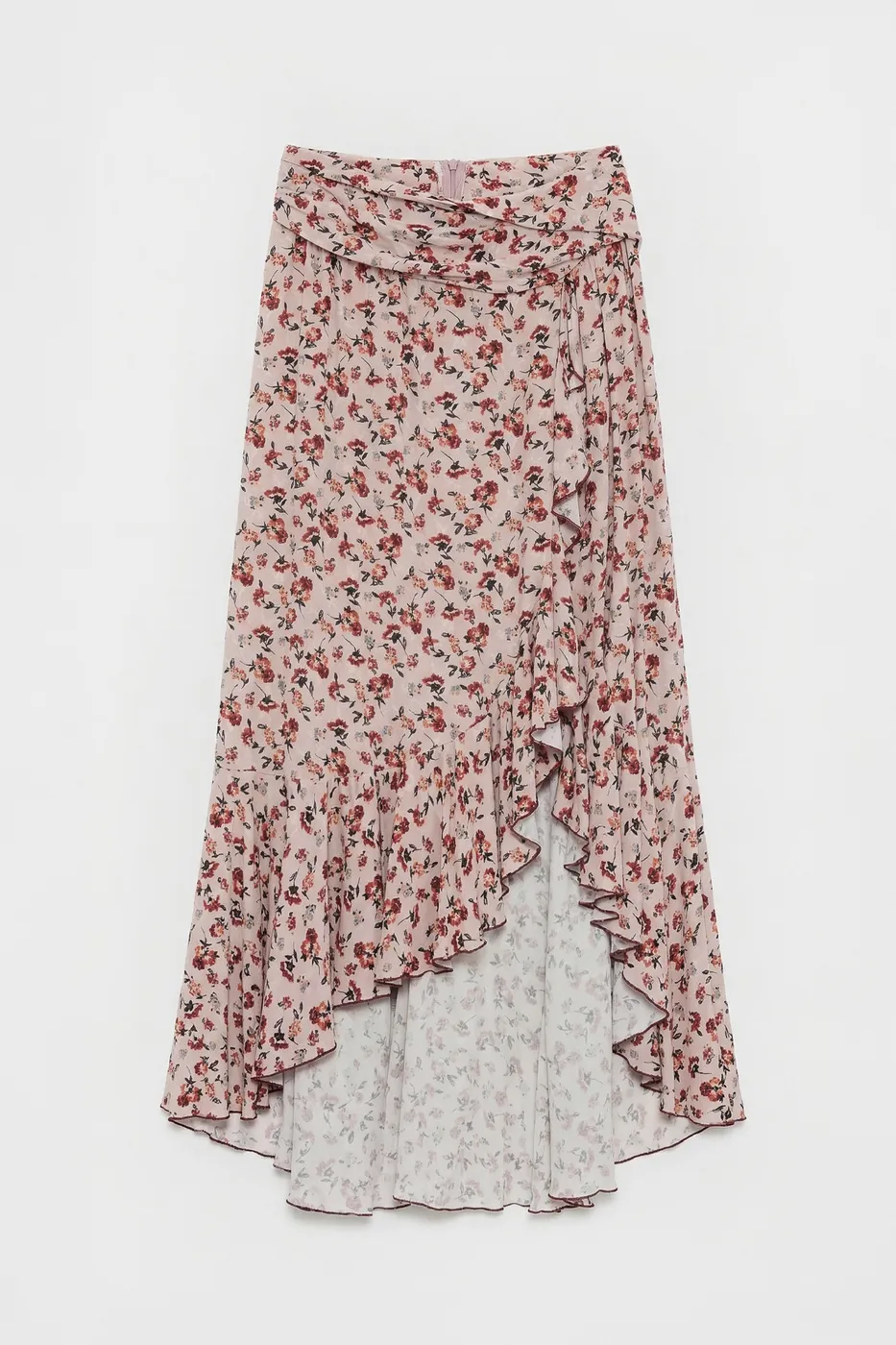 Bayan Pudra Keten Karışımlı Fırfırlı Asimetrik Midi Etek