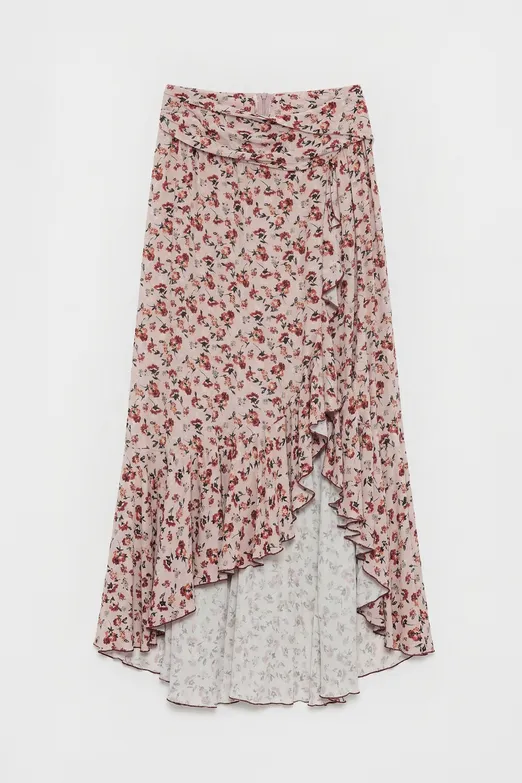 Bayan Pudra Keten Karışımlı Fırfırlı Asimetrik Midi Etek - BSL